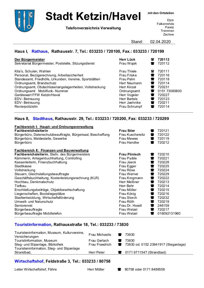 Aktuelles Telefonverzeichnis Verwaltung 2020-04-01