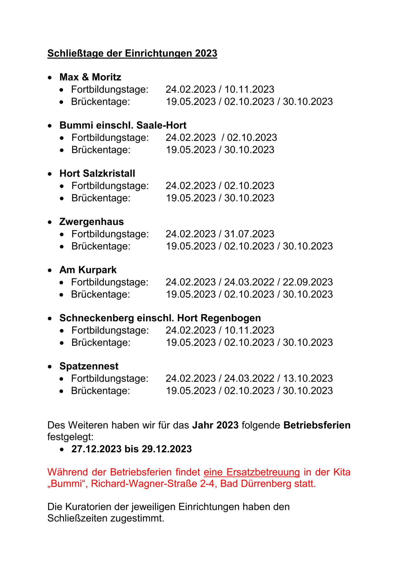 Schließzeiten 2023