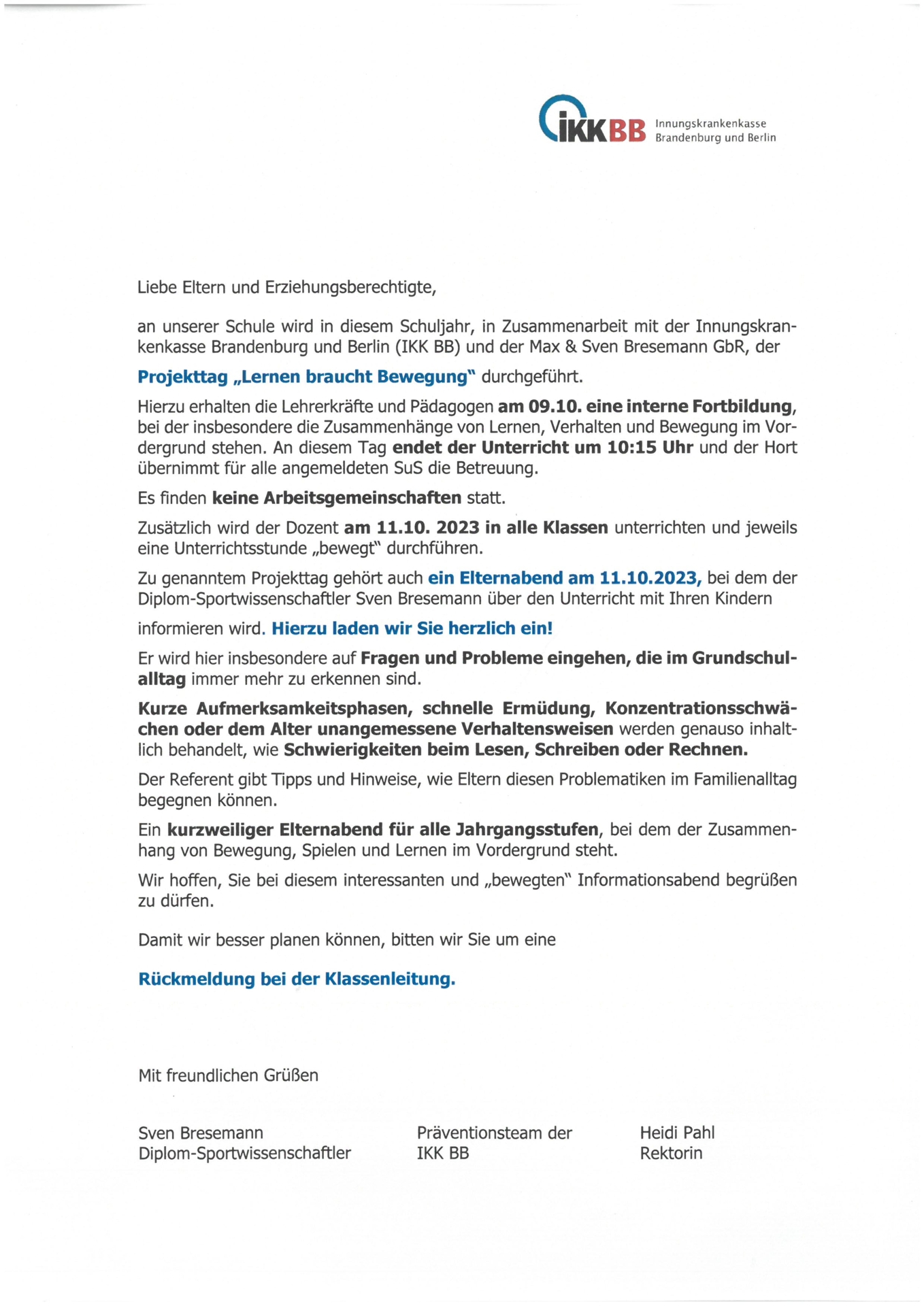 Projekttag - Lernen braucht Bewegung 09.10.23