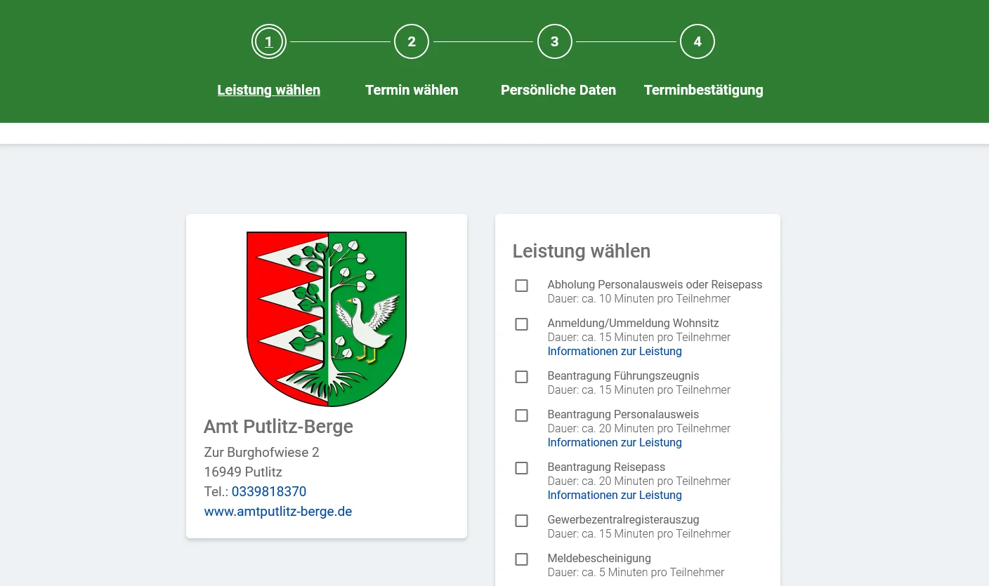 Buchungswebseite Amt Putzlitz-Berge