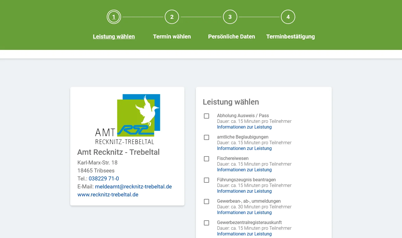 Buchungswebseite Amt Recknitz-Trebeltal