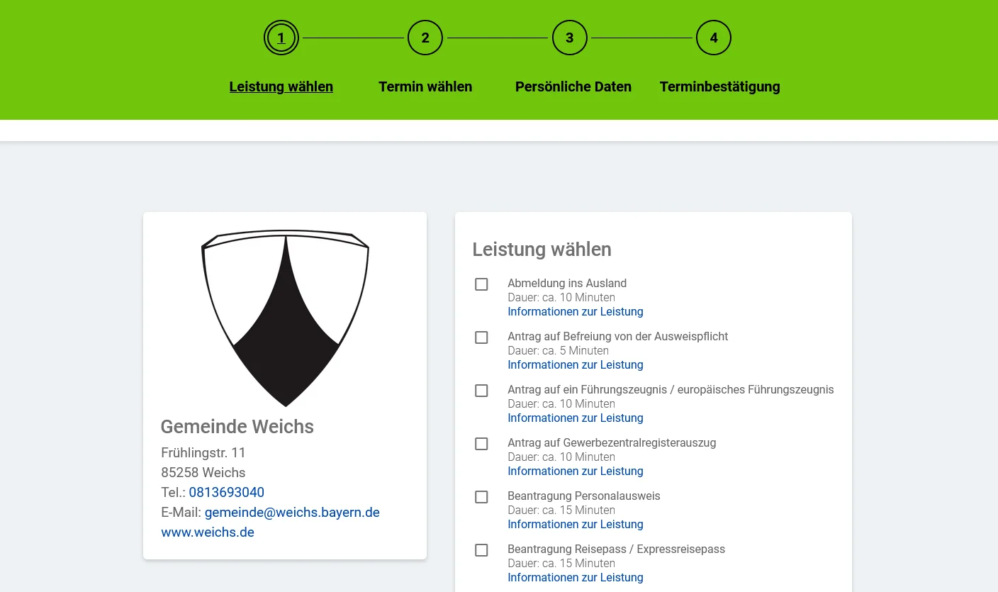 Buchungswebseite Gemeinde Weichs