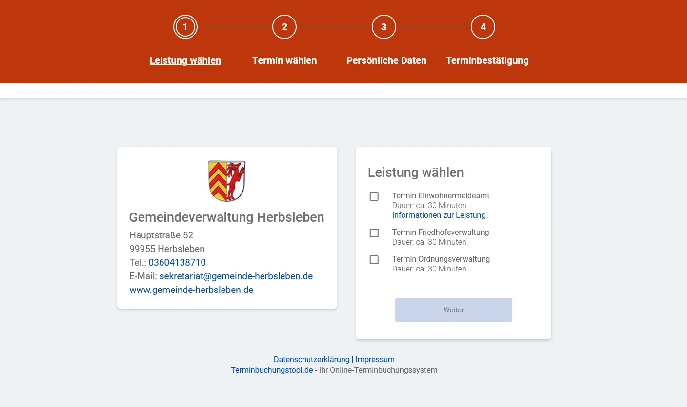 Buchungswebseite Gemeindeverwaltung Herbsleben