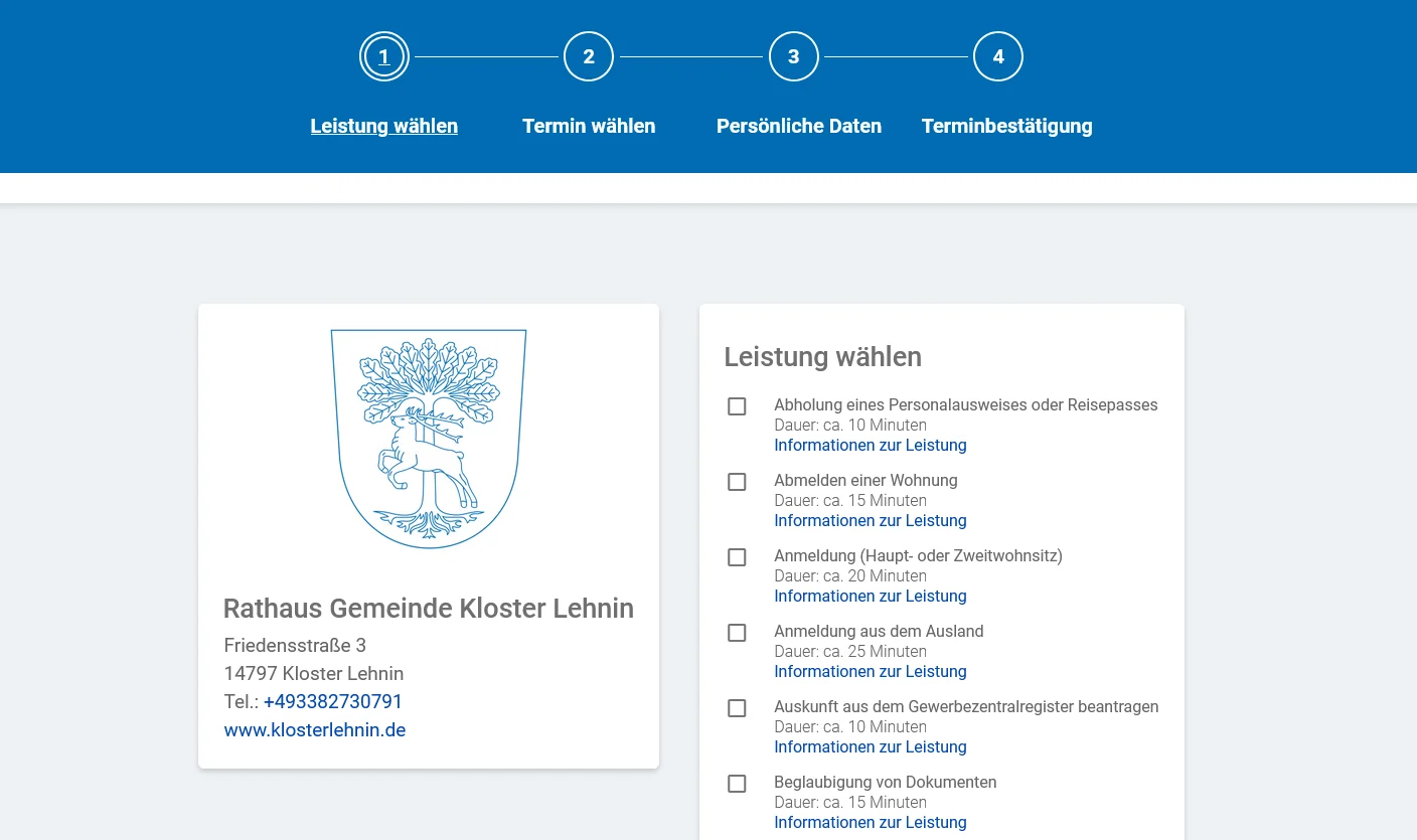 Buchungswebseite Kloster Lehnin