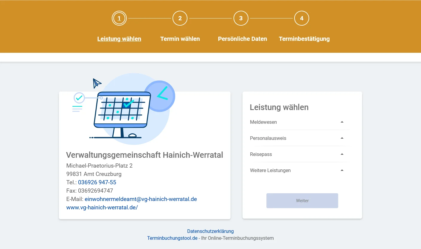 Buchungswebseite Verwaltungsgemeinschaft Hainich-Werratal