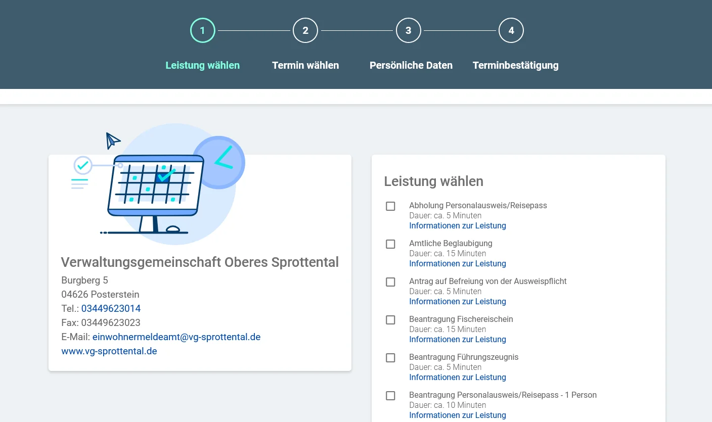 Buchungswebseite Verwaltungsgemeinschaft Oberes Sprottental