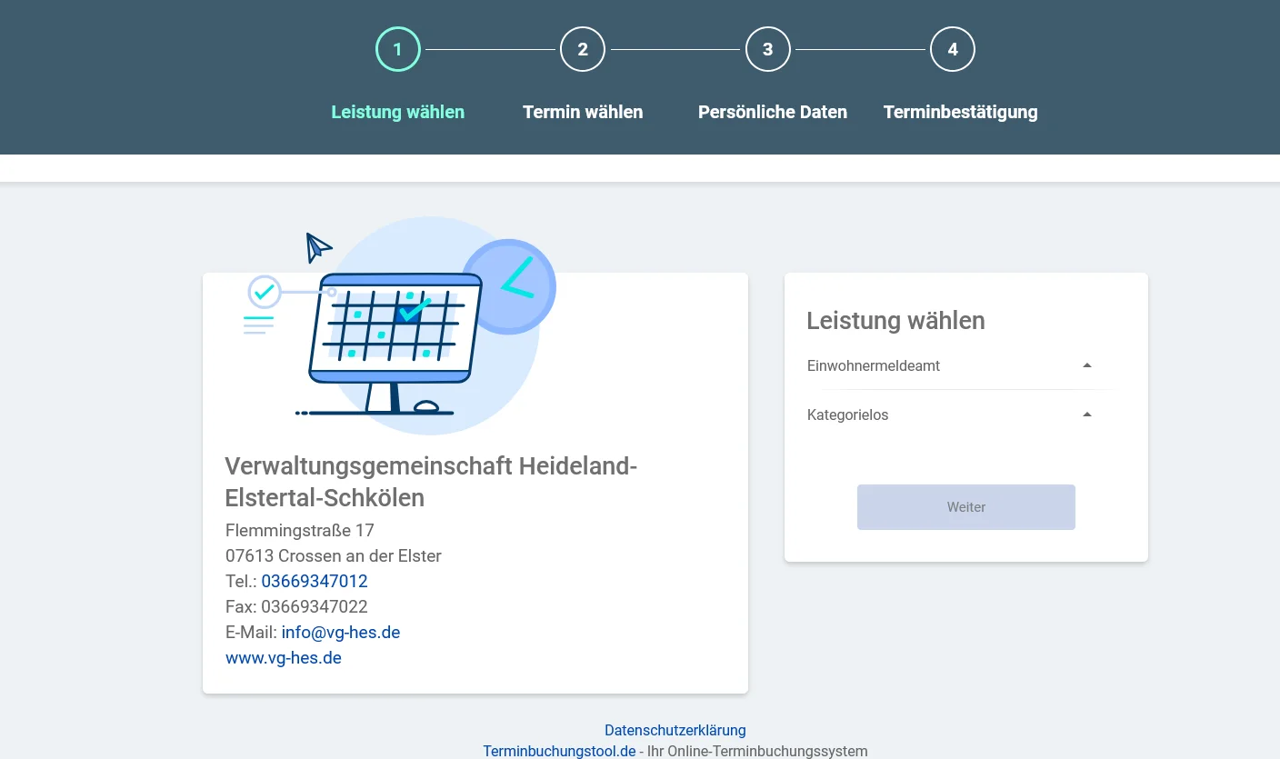 Verwaltungsgemeinschaft Heideland-Elstertal-Schkölen 69969 - Buchungswebseite