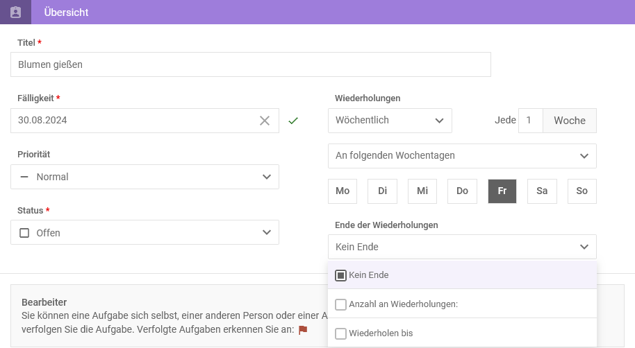 Wiederholungsfunktion für Aufgaben erstellen