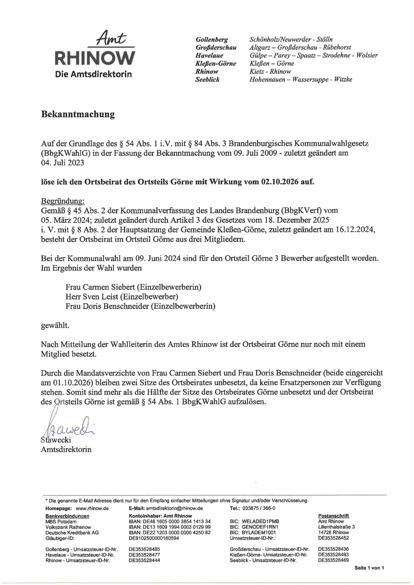 Bekanntmachung Auflösung Ortsbeirat Görne