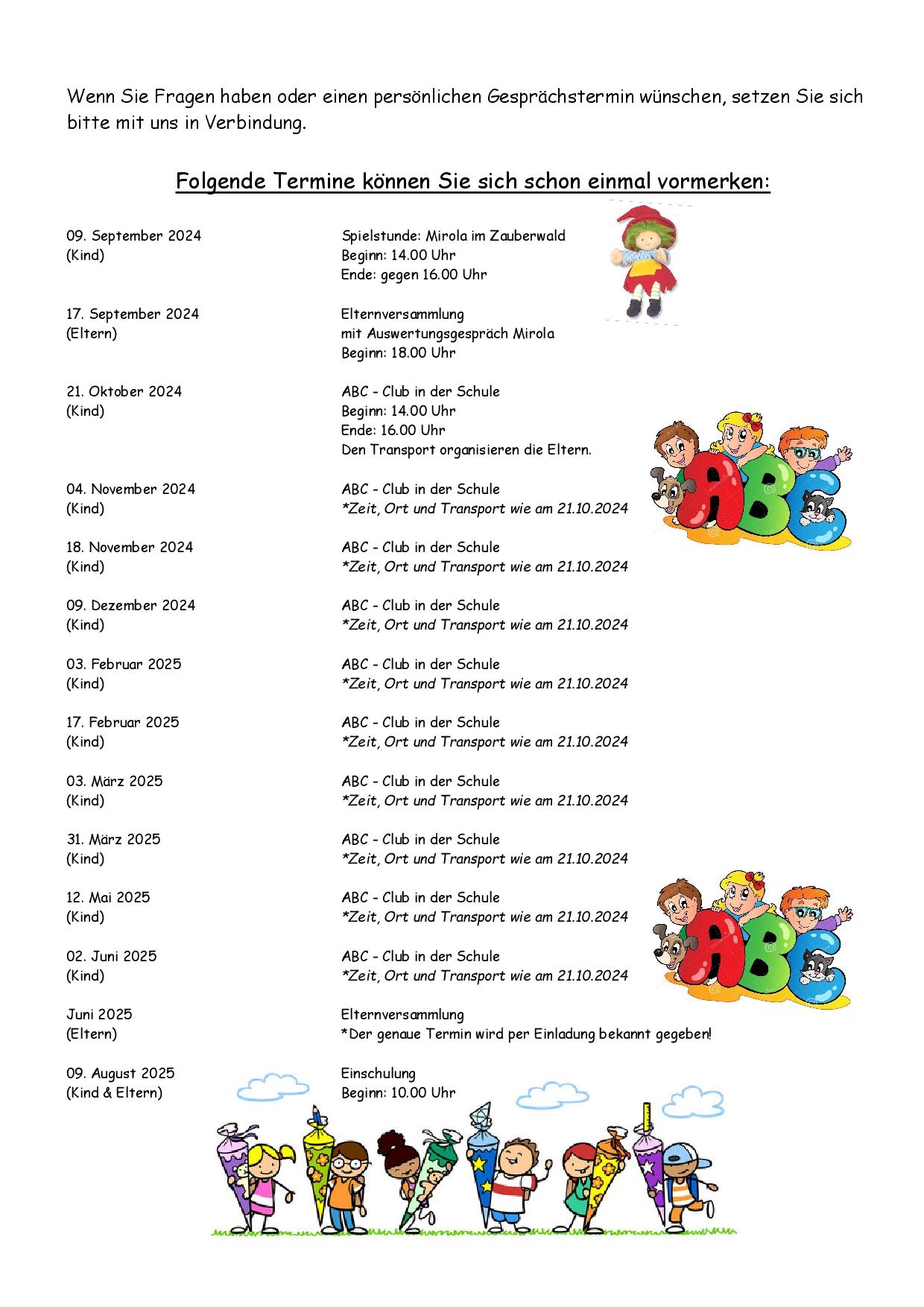 ABC-Club Termine für die Einschulung Aug. 2025