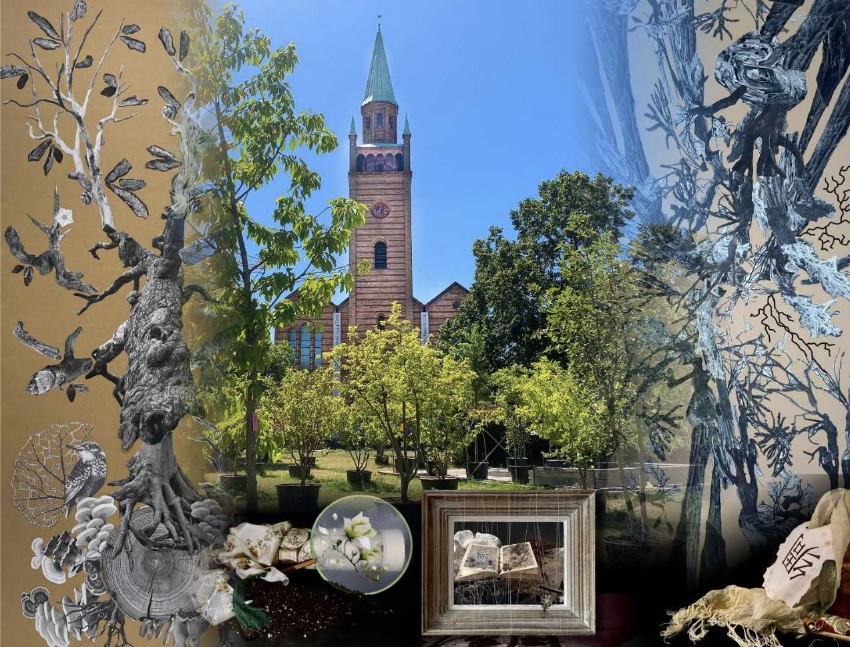 Fotografie der Kirche und Fotomontage Susanne Junker unter Verwendung von Arbeiten von Jin Hee Chung, Quingyi Wang, Julia Boldin, Friedrich Saur und Sabrina Krüger.