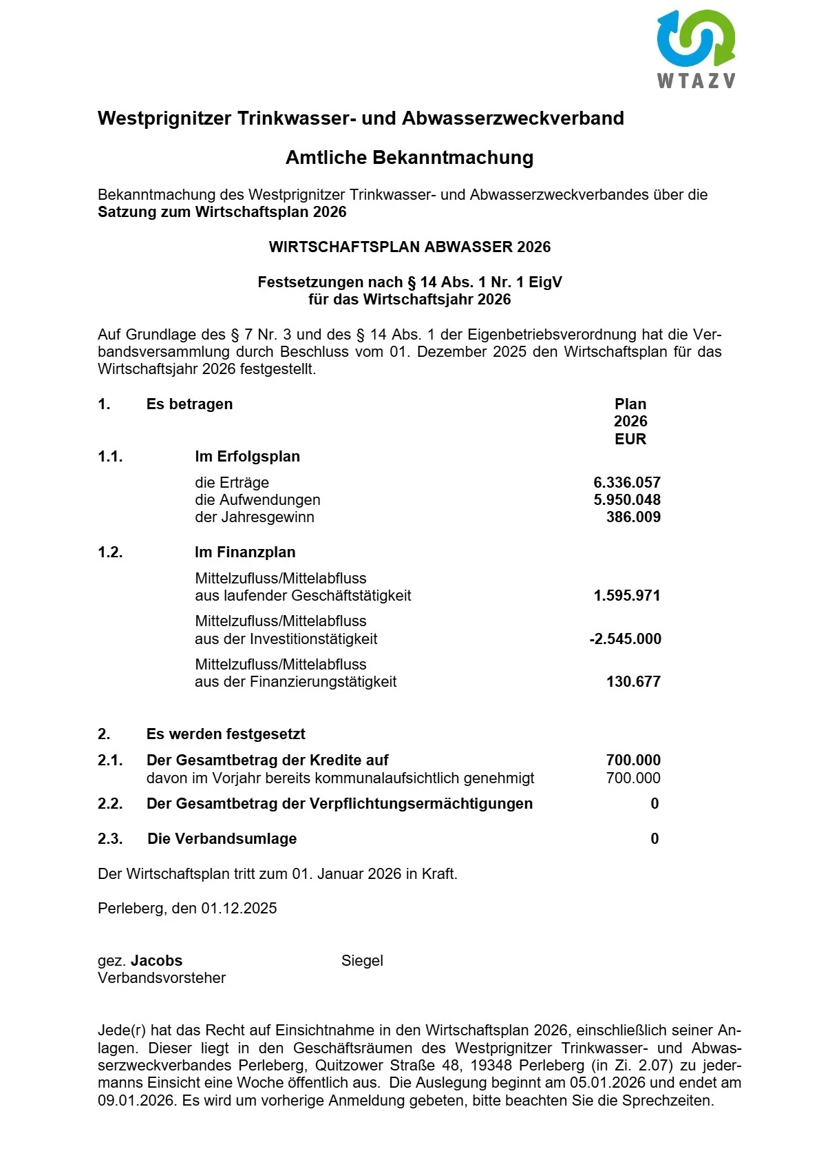 Wirtschaftsplan AW 2026