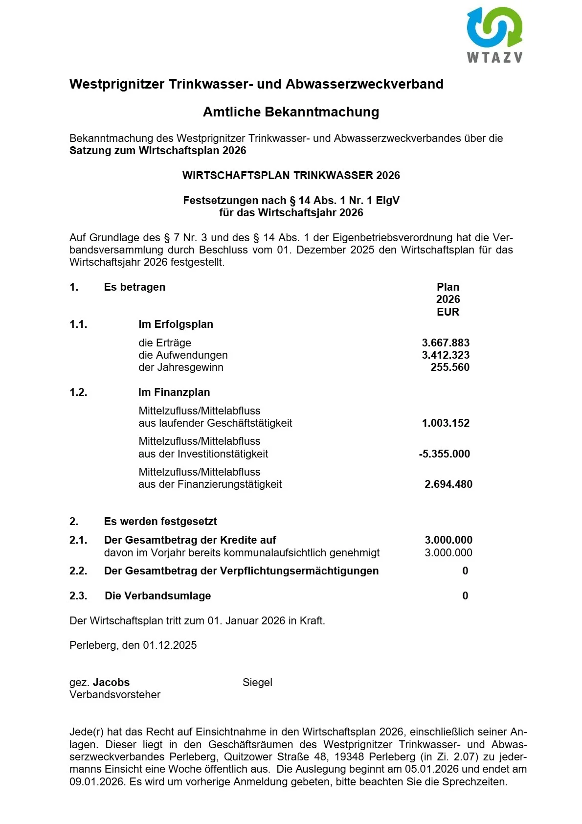 Wirtschaftsplan TW 2026