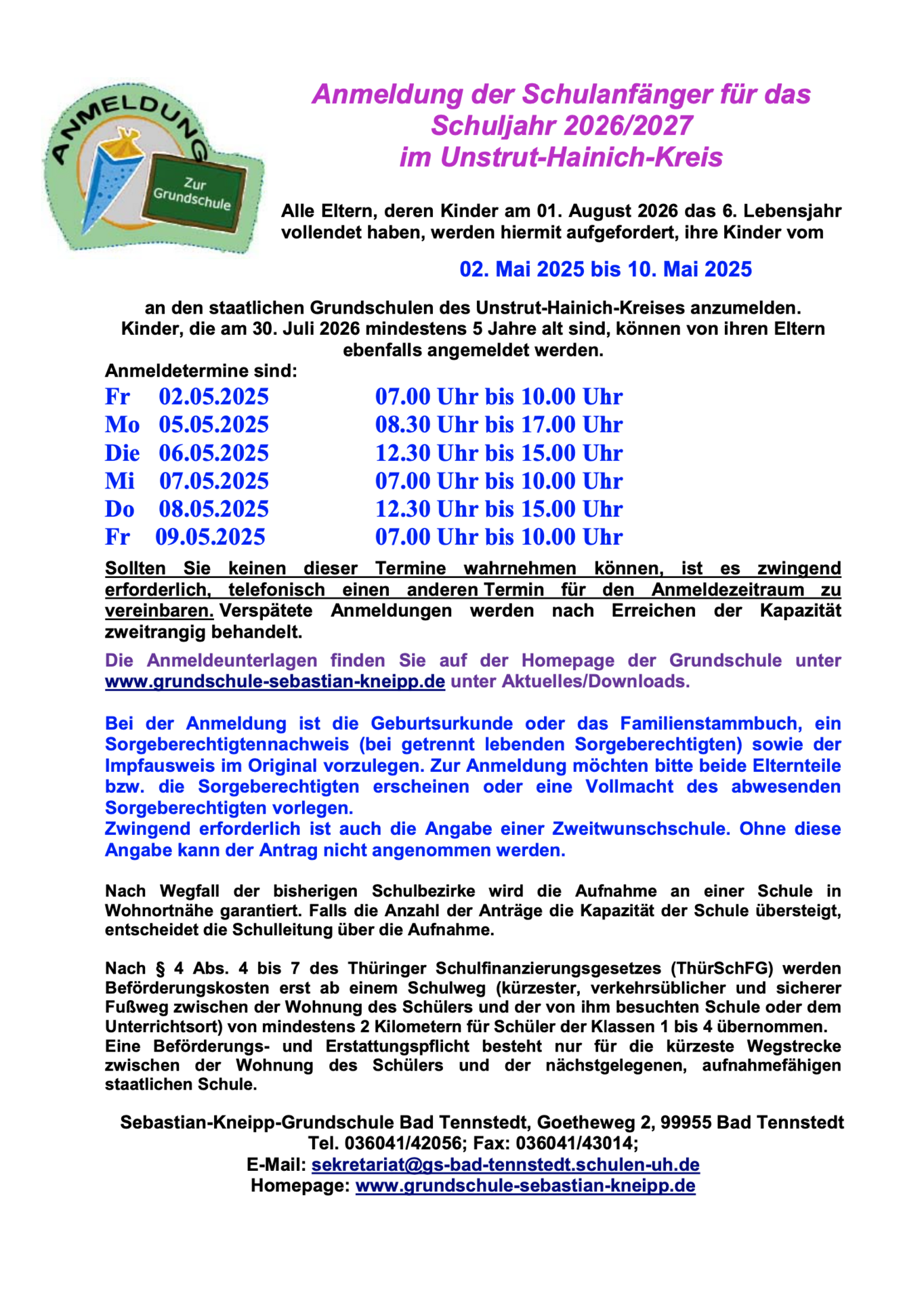 Schulanmeldungen für das Schuljahr 2026/ 2027