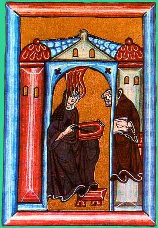 Miniatur aus Hildegards Werk „Scivias“ (Wisse die Wege Gottes): Sie empfängt eine göttliche Vision und diktiert diese dem Propst Volmar, um 1165