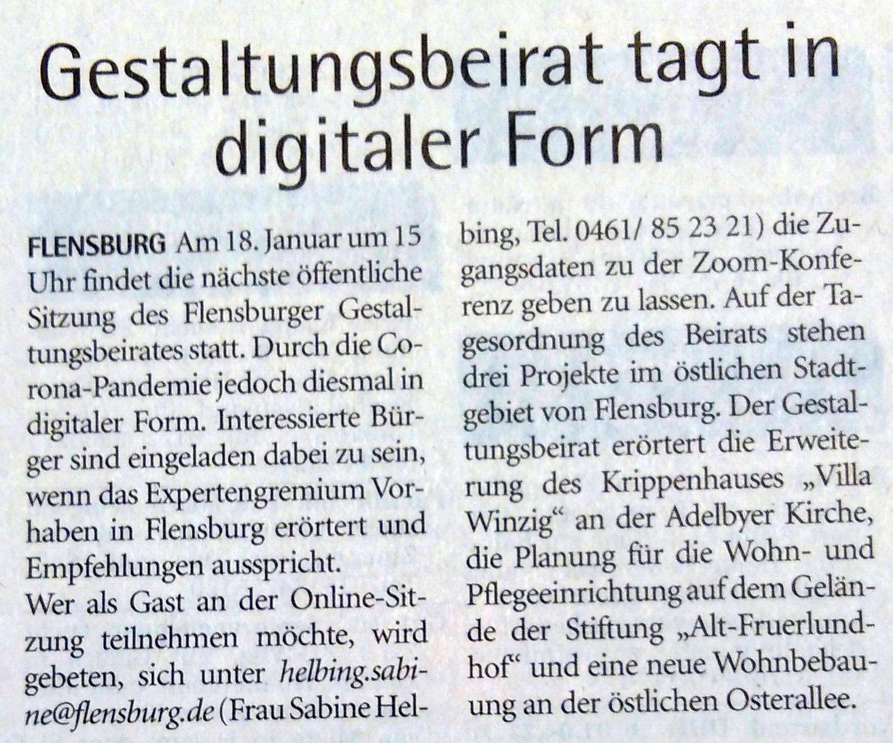 Artikel Wochenschau 17.01.2021 - Gestaltungsbeirat tagt in digitaler Form