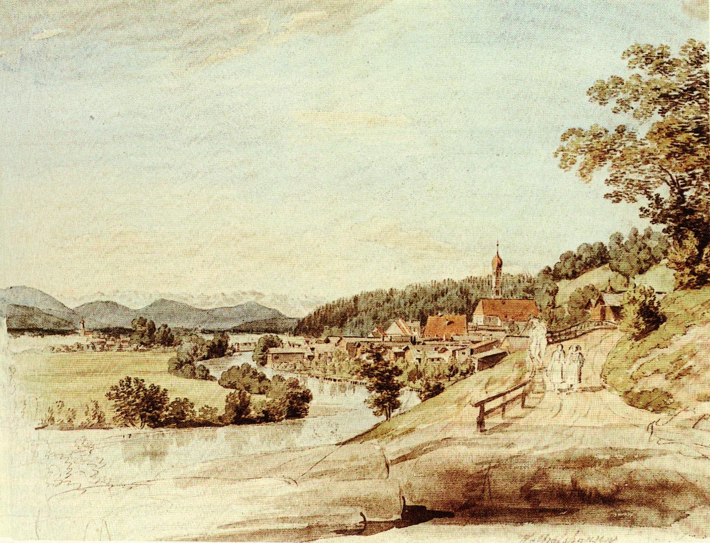Ansicht Wolfratshausen von Nordosten - Aquarell von Ludwig Neureuther um 1820/30.