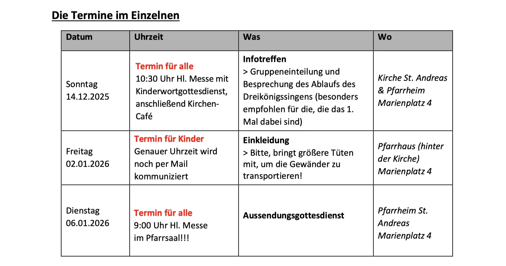 Termine St. Andreas 2026