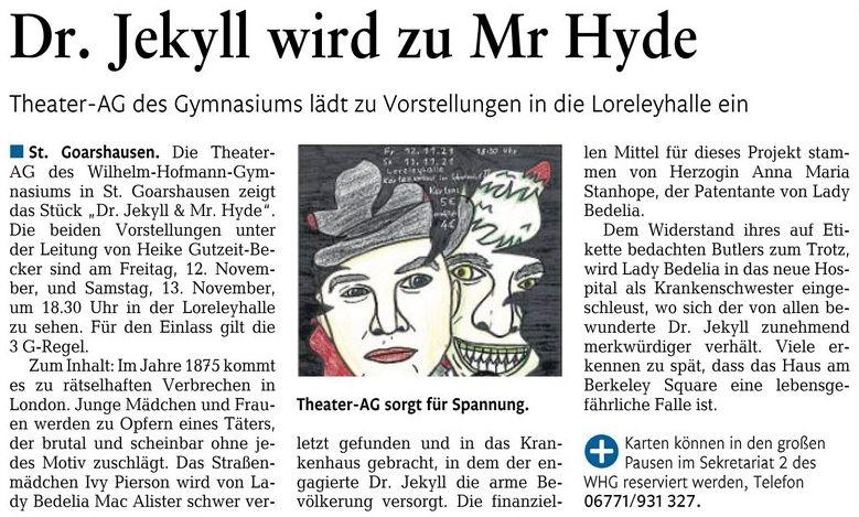 Ankündigung Theateraufführungen "Dr. Jekyll & Mr. Hyde"