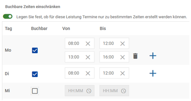 Buchbare Zeiten einschränken