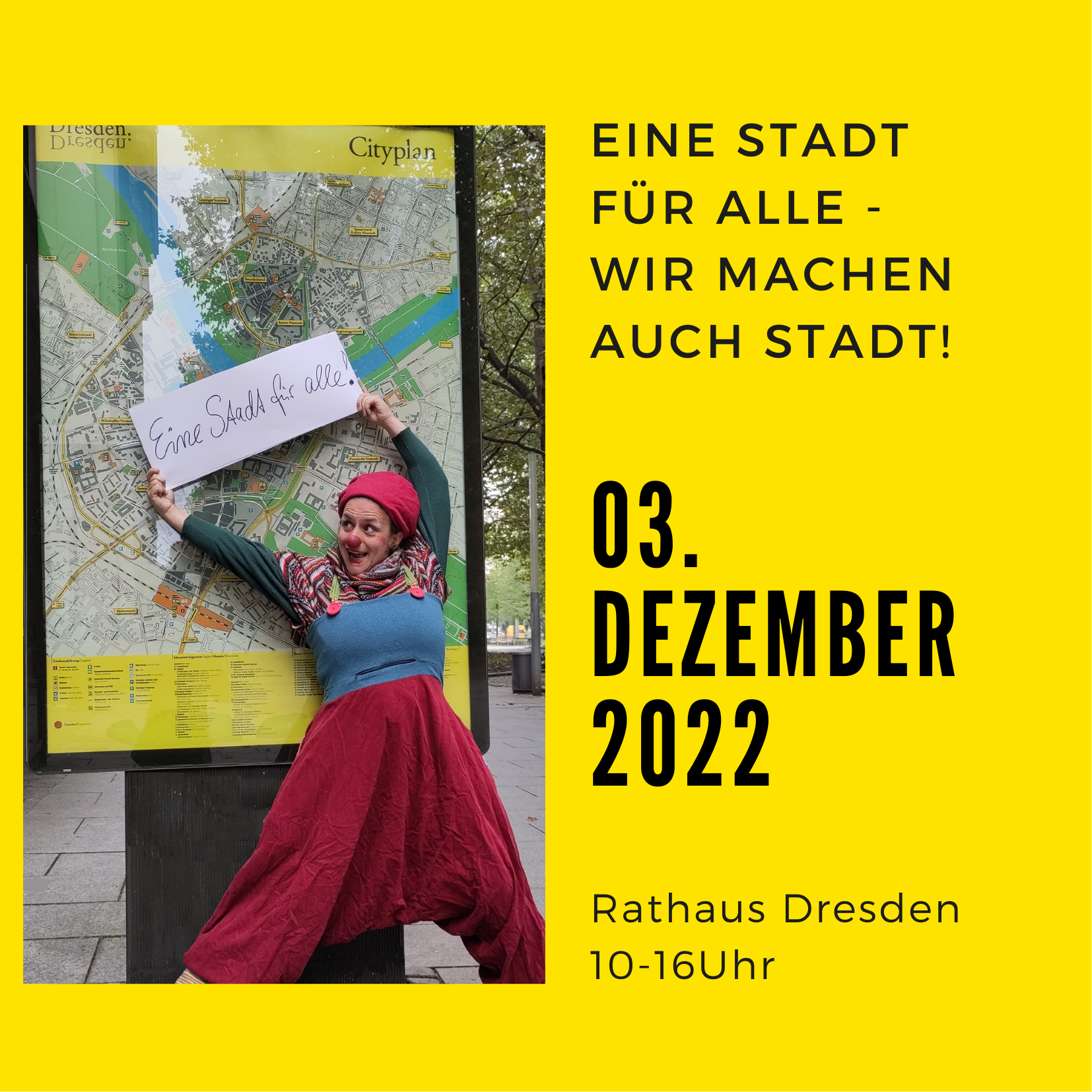 Flyer "Eine Stadt für Alle" Foto von Clownin vor Cityplan von Dresden