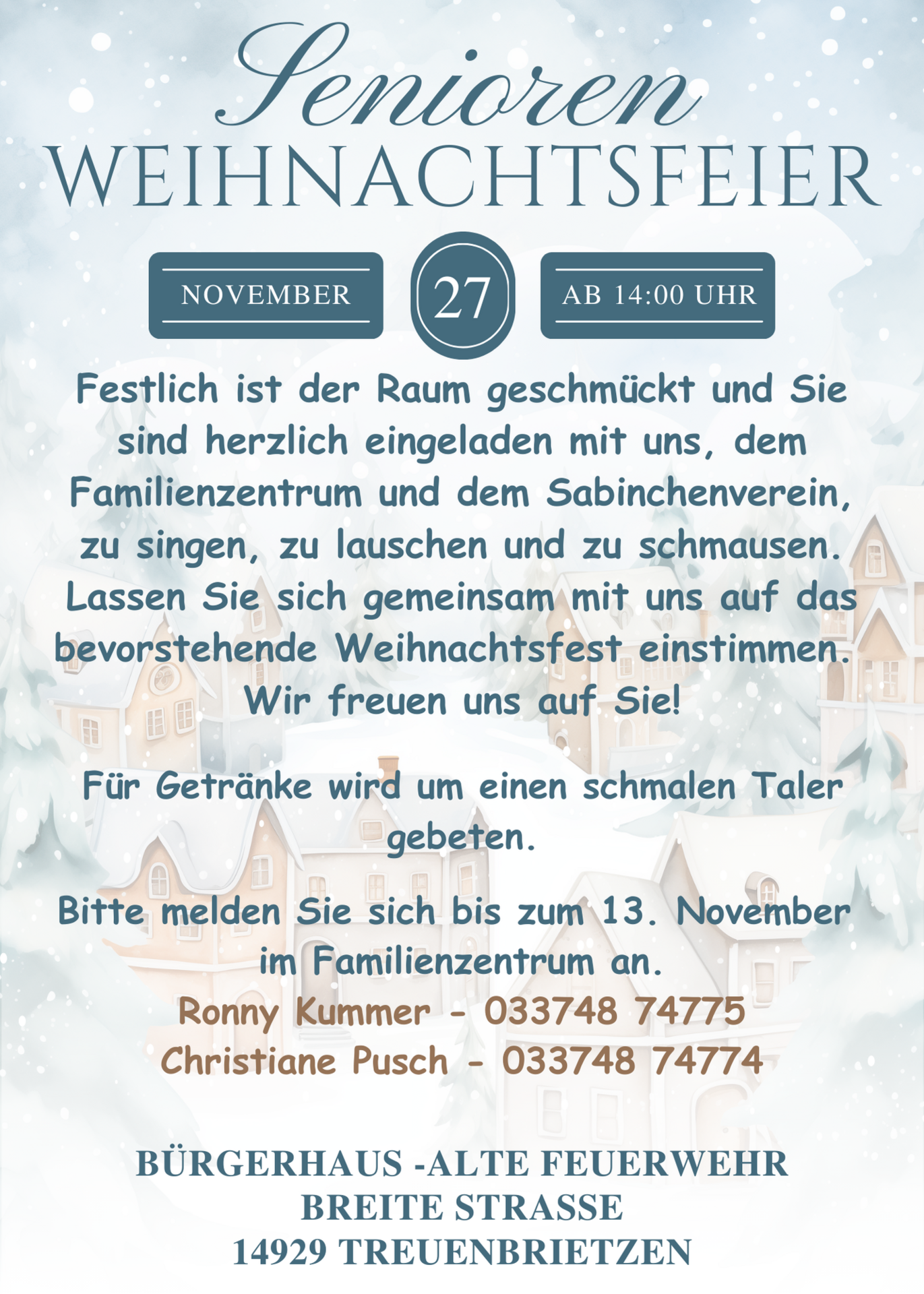 Seniorenweihnachtsfeier am 27.11. ab 14:00 Uhr im Bürgerhaus