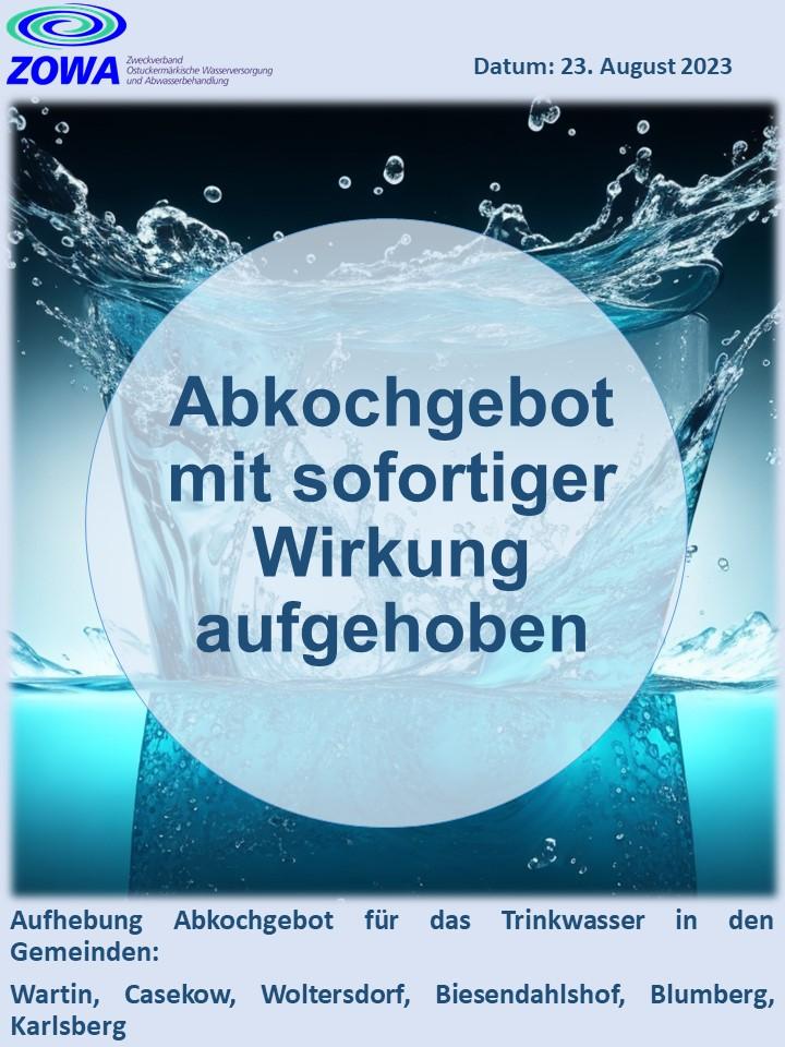 Aufhebung Abkochgebot für das Trinkwasser in den Gemeinden: Wartin, Casekow, Woltersdorf, Biesendahlshof, Blumberg, Karlsberg