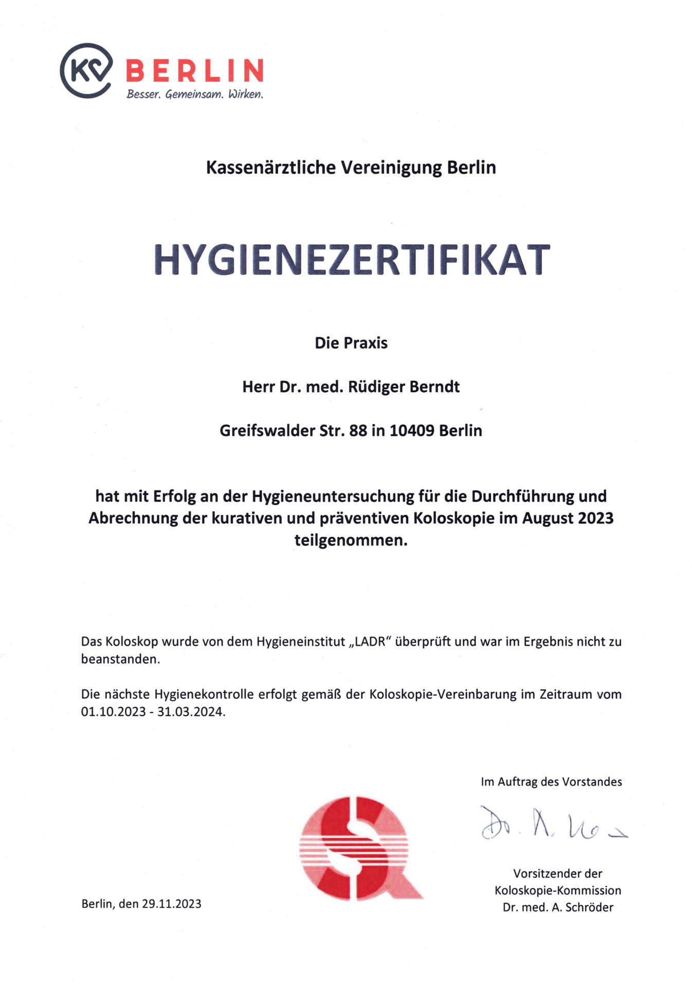 Hygeine-Zertifikat 2023