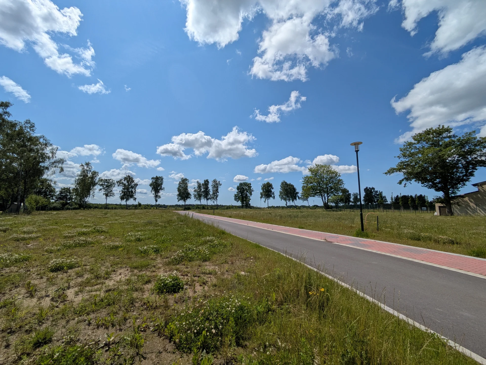 Baugebiet mit neuer Straße und Bürgersteig