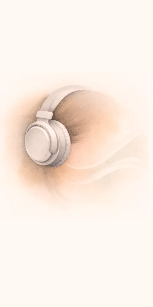 Bild zum Bereich Mut Hören // Stilisierte Illustration eines Over-Ear-Kopfhörers mit abstrahierten Schallwellen