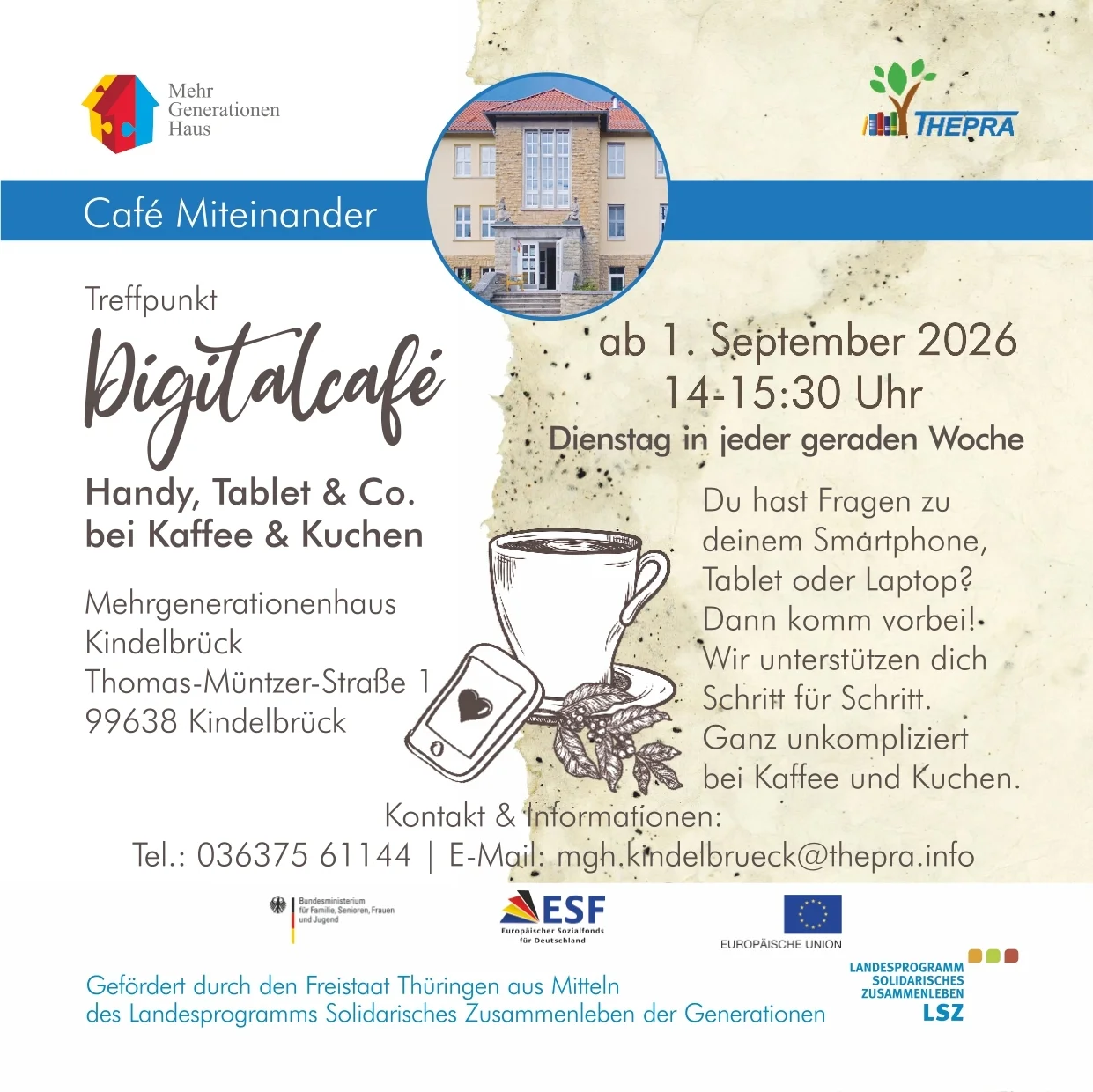 Flyer Digitalcafé im Mehrgenerationenhaus Kindelbrück - Inhalte können Sie dem Text darunter entnehmen.