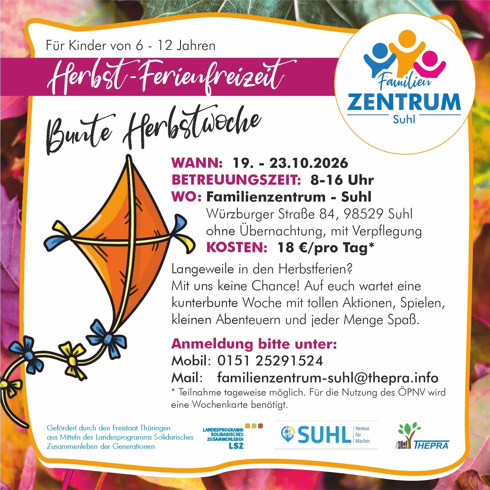 Flyer Familienzentrum Suhl - Angebote für die Herbstferien - Inhalte können Sie dem Text darunter entnehmen.