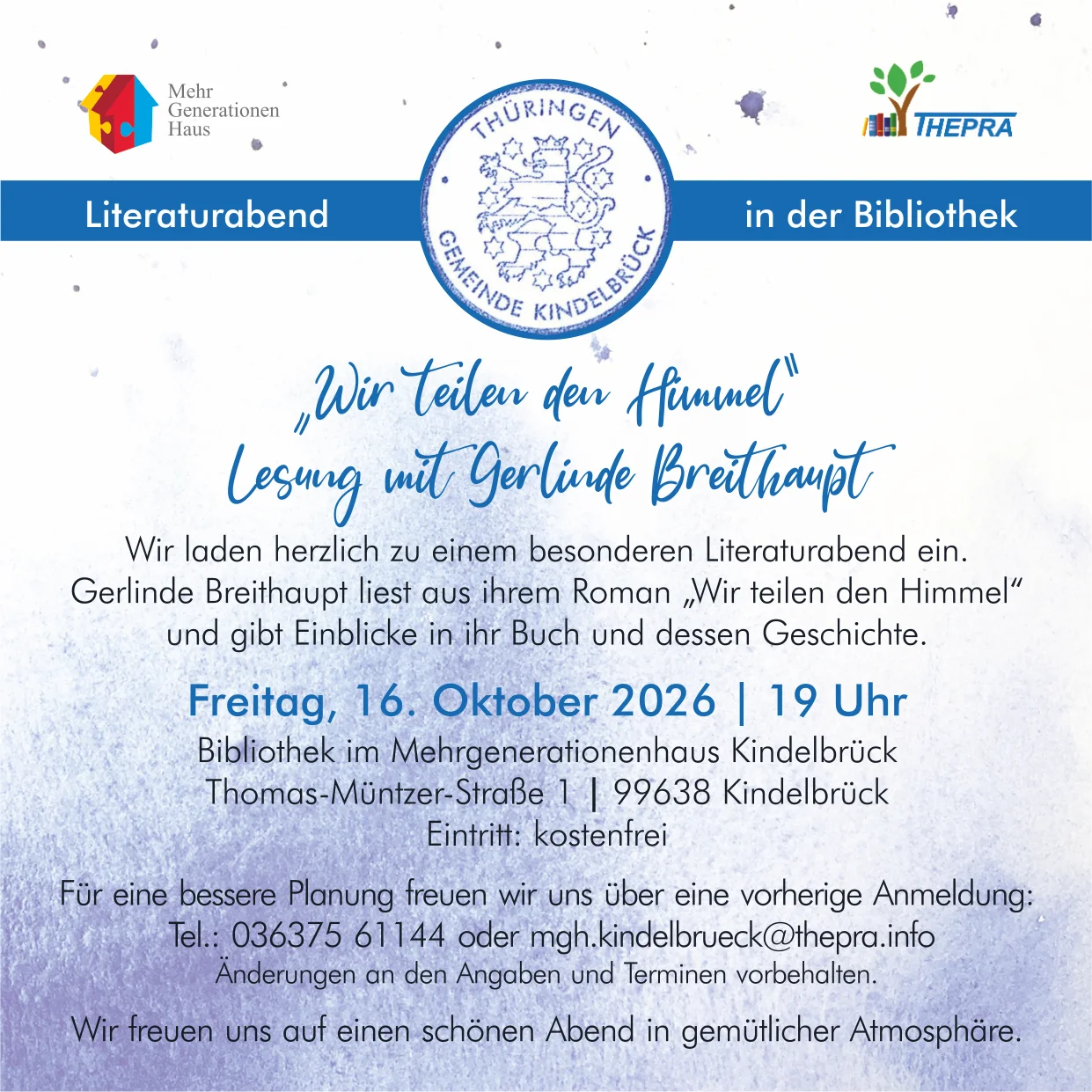 Flyer Literaturabend in der Bibliothek im Mehrgenerationenhaus Kindelbrück - Inhalte können Sie dem Text darunter entnehmen.