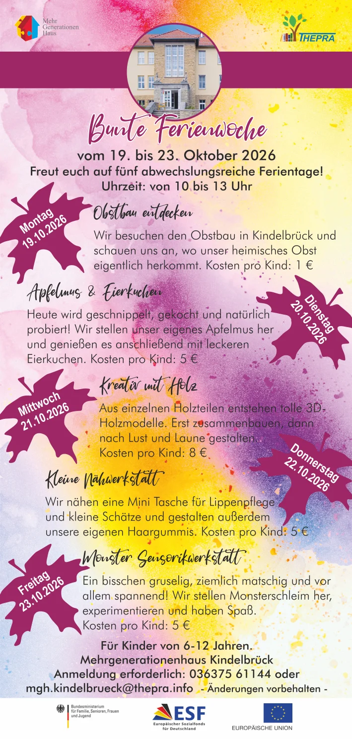 Flyer "Bunte Ferienwoche Herbst" im Mehrgenerationenhaus Kindelbrück - Inhalte können Sie dem Text darunter entnehmen.