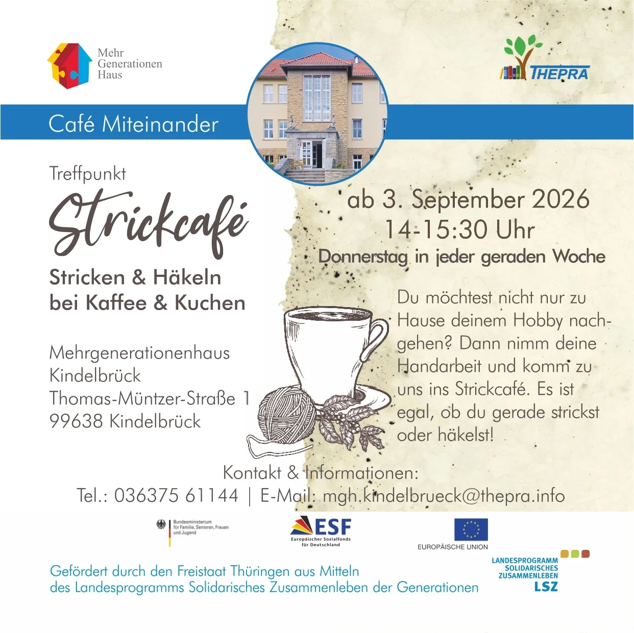 Flyer Strickcafé im Mehrgenerationenhaus Kindelbrück - Inhalte können Sie dem Text darunter entnehmen.