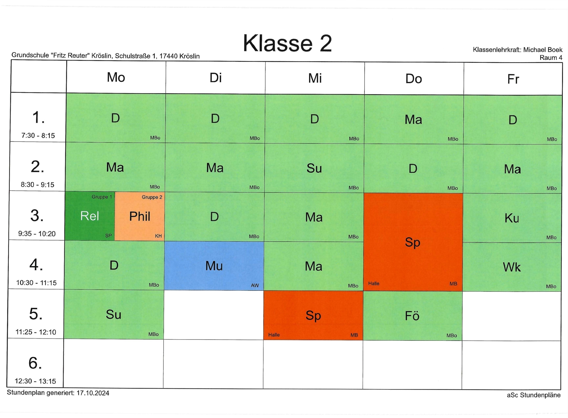 Stundenplan 01.10.24 Klasse 2