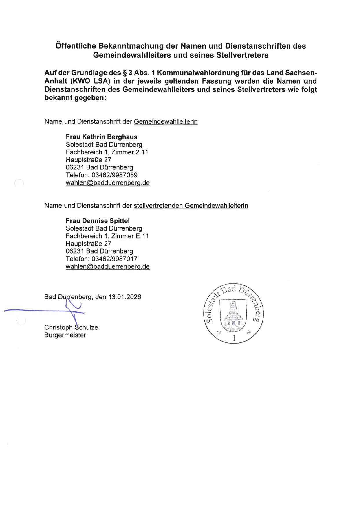 Bekanntmachung Wahlleiter - Stellvertreter