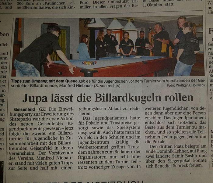 Jupa-Billardturnier-Zeitungsartikel