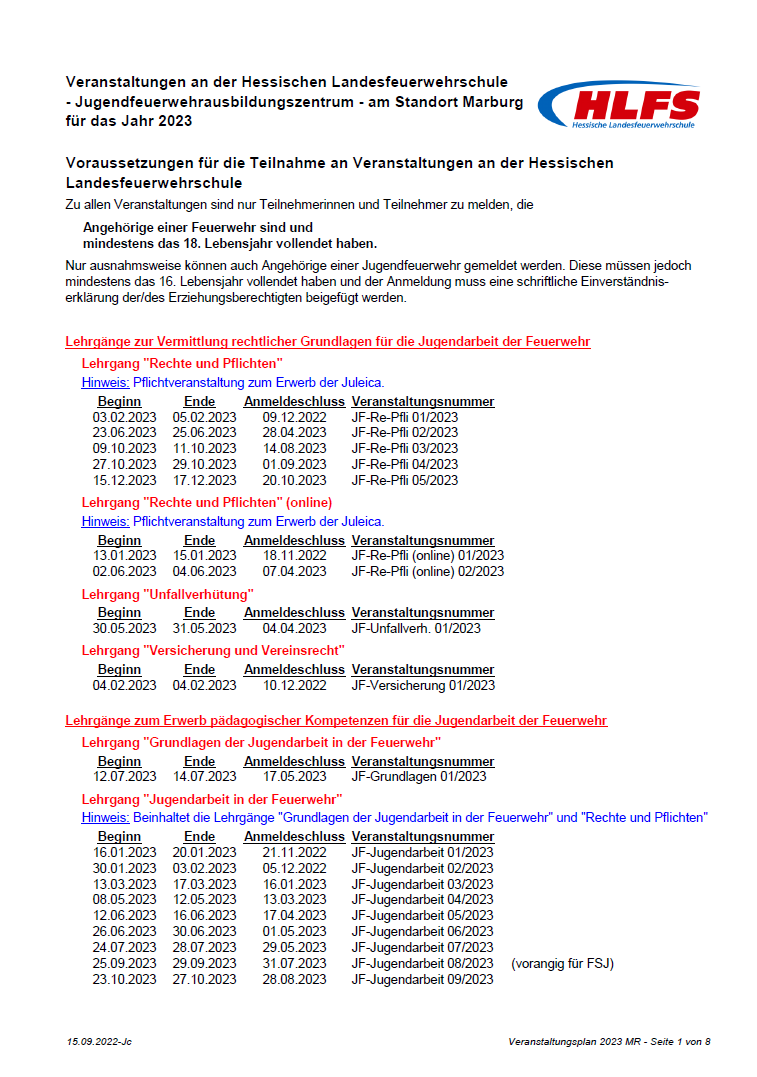 Veranstaltungsplan HLFS Marburg 2023
