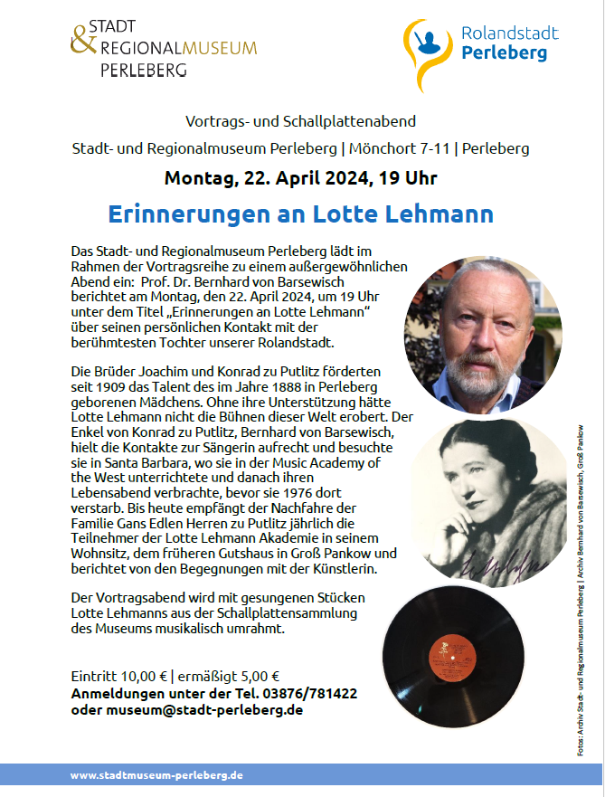 Plakat "Erinnerungen an Lotte Lehmann" im Stadt- und Regionalmuseum Perleberg