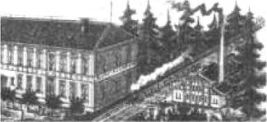 Gasthof Lohmann (links) und Maschinenhaus der Strontianitfabrik (rechts); Zeichnung um 1890