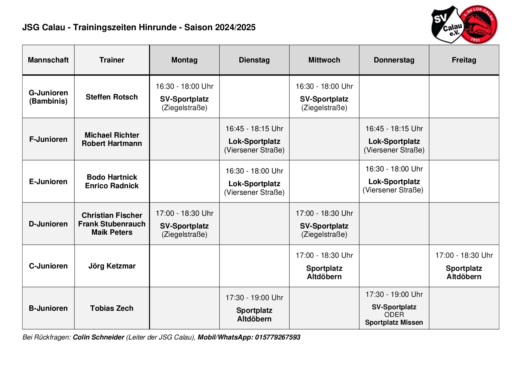 Trainingszeiten - Hinrunde Saison 2024/2025 - NEU