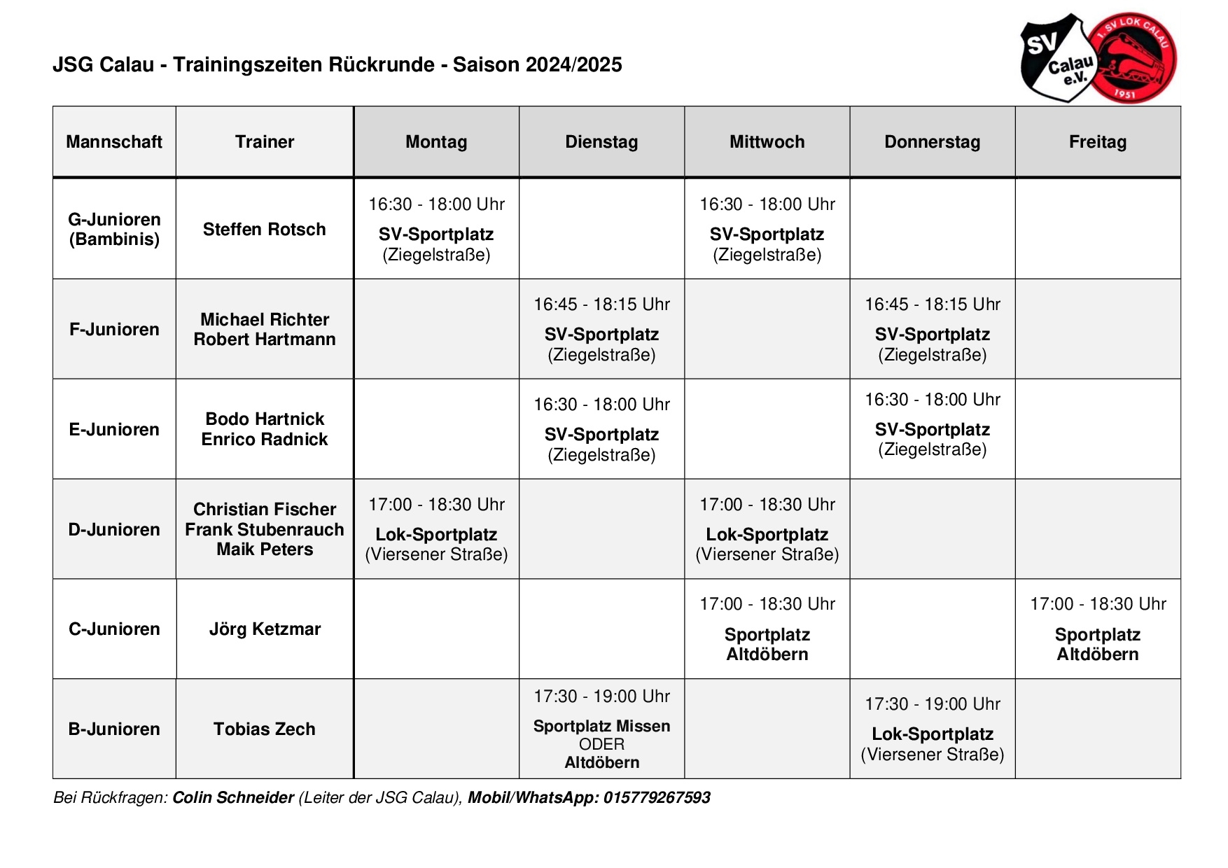 Trainingszeiten - Hinrunde Saison 2024/2025 - NEU Trainingszeiten - Rückrunde Saison 2024/2025