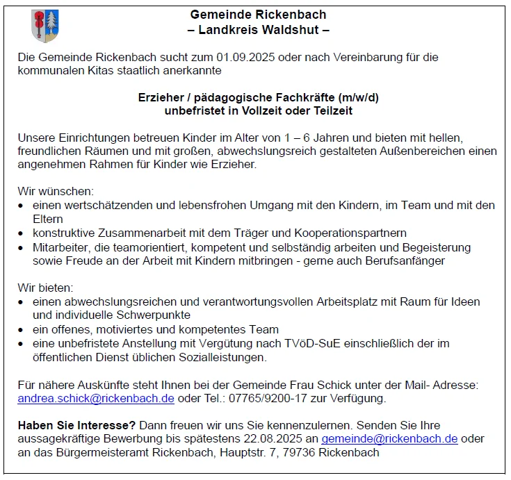 Stellenausschreibung Erzieher oder pädagogische Fachkraft
