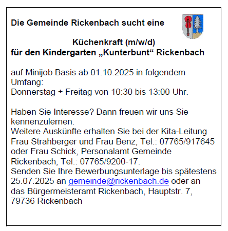 Stellenanzeige Küchenkraft Kita Rickenbach
