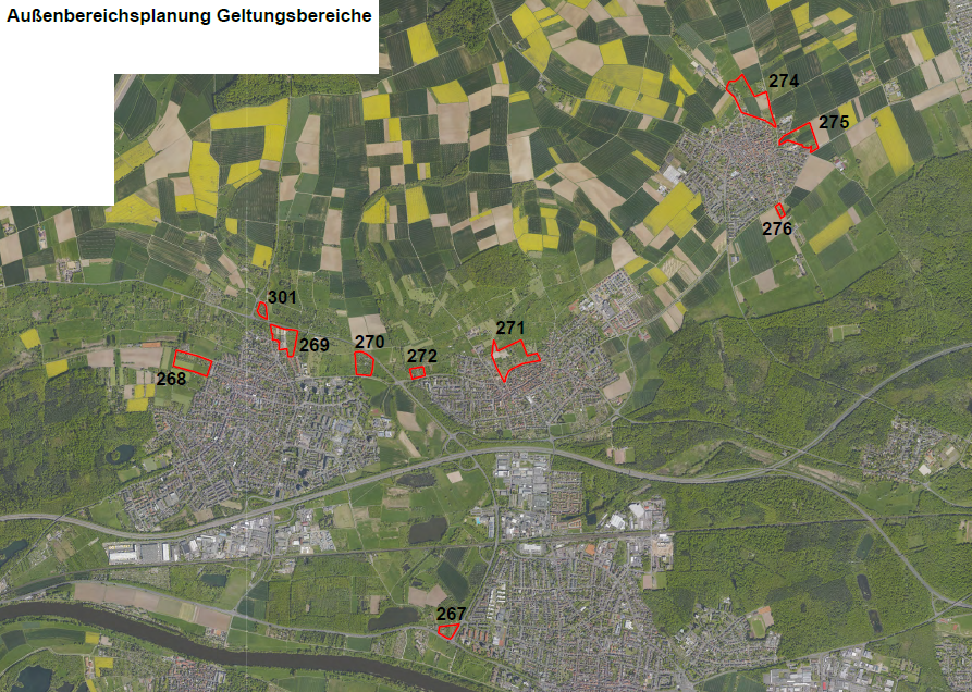 Bild zeigt auf einem Plan die Geltungsbereiche der Außenbereichsplanung rot markiert; Bild: Stadt Maintal