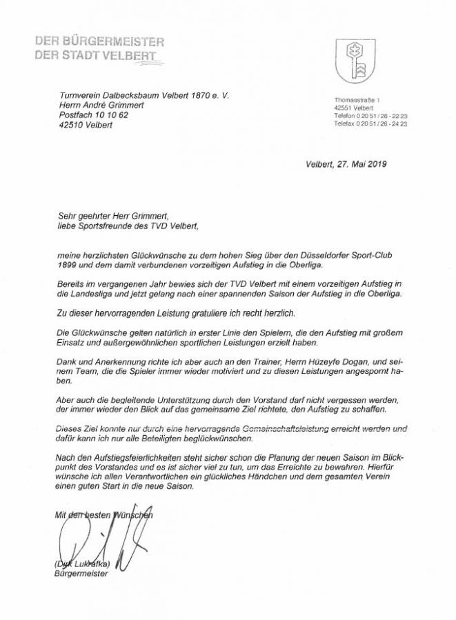 Brief vom OB Dirk Lukrafka
