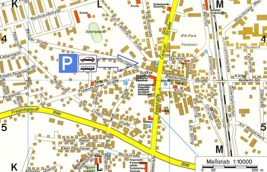Karte von Großräschen mit gegenzeichneten Busparkplätzen