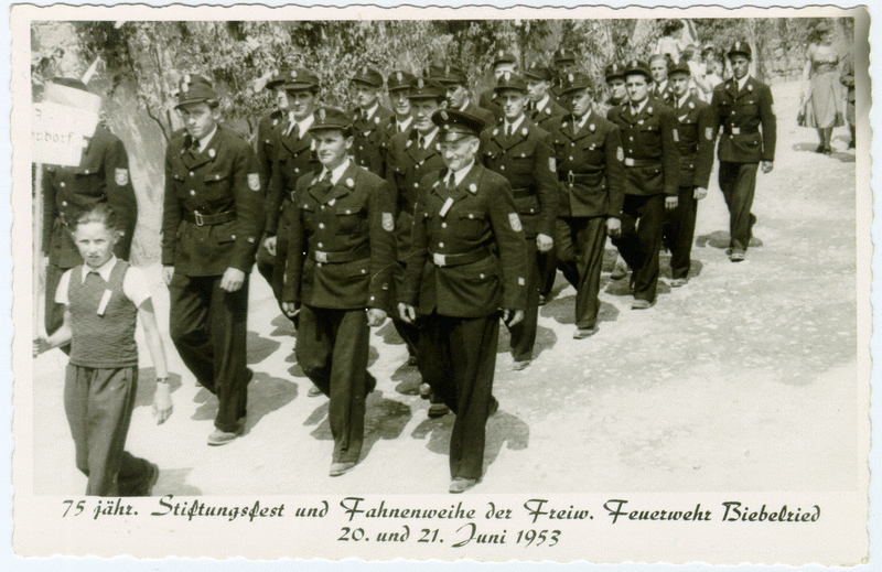 Besuch der Rottendorfer Wehr beim 75 jährigen Stiftungsfest in Biebelried im Juni 1953
