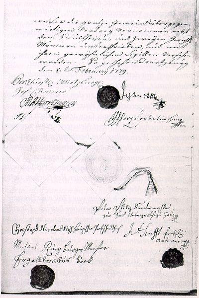 Letztes Blatt des Schäfereikontrakts von 1779 mit den Siegeln und Unterschriften der Beteiligten (Staatsarchiv Würzburg)
